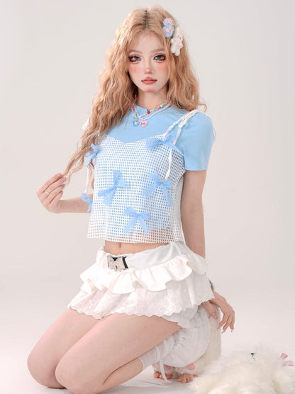 T-Shirt Zweiteiler Mesh Faux Short Ribbon Blau