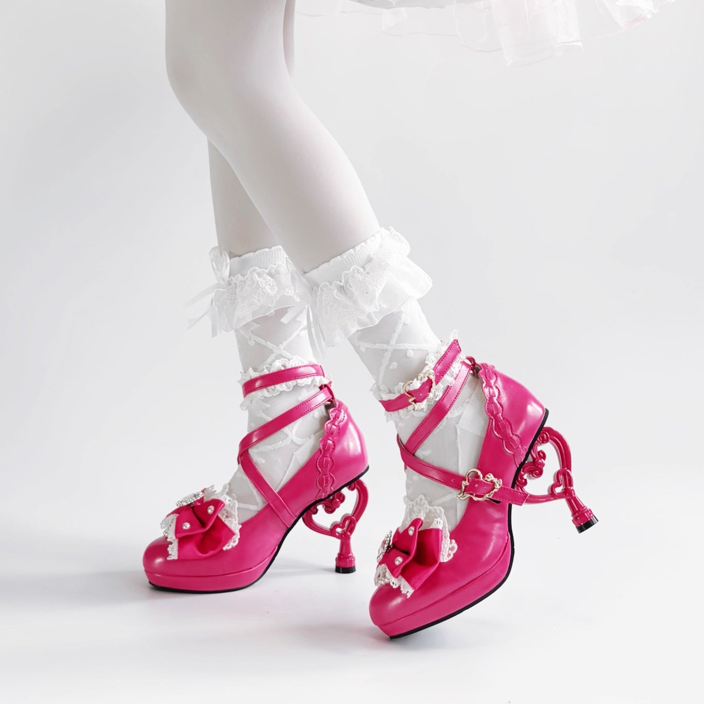 Bead Details, Elegant Bows &amp; Heart Heel PU Deep Pink High-heel Sandals