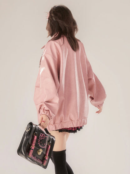 Jacket Retro Pink Design Leather Buckle Zip