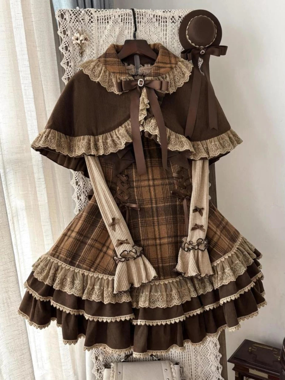 Caramel Cocoa brown plaid Lolita dress, ruffled cape and knit top on a hanger