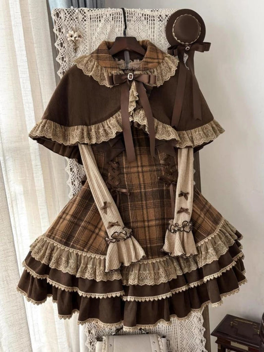 Caramel Cocoa brown plaid Lolita dress, ruffled cape and knit top on a hanger