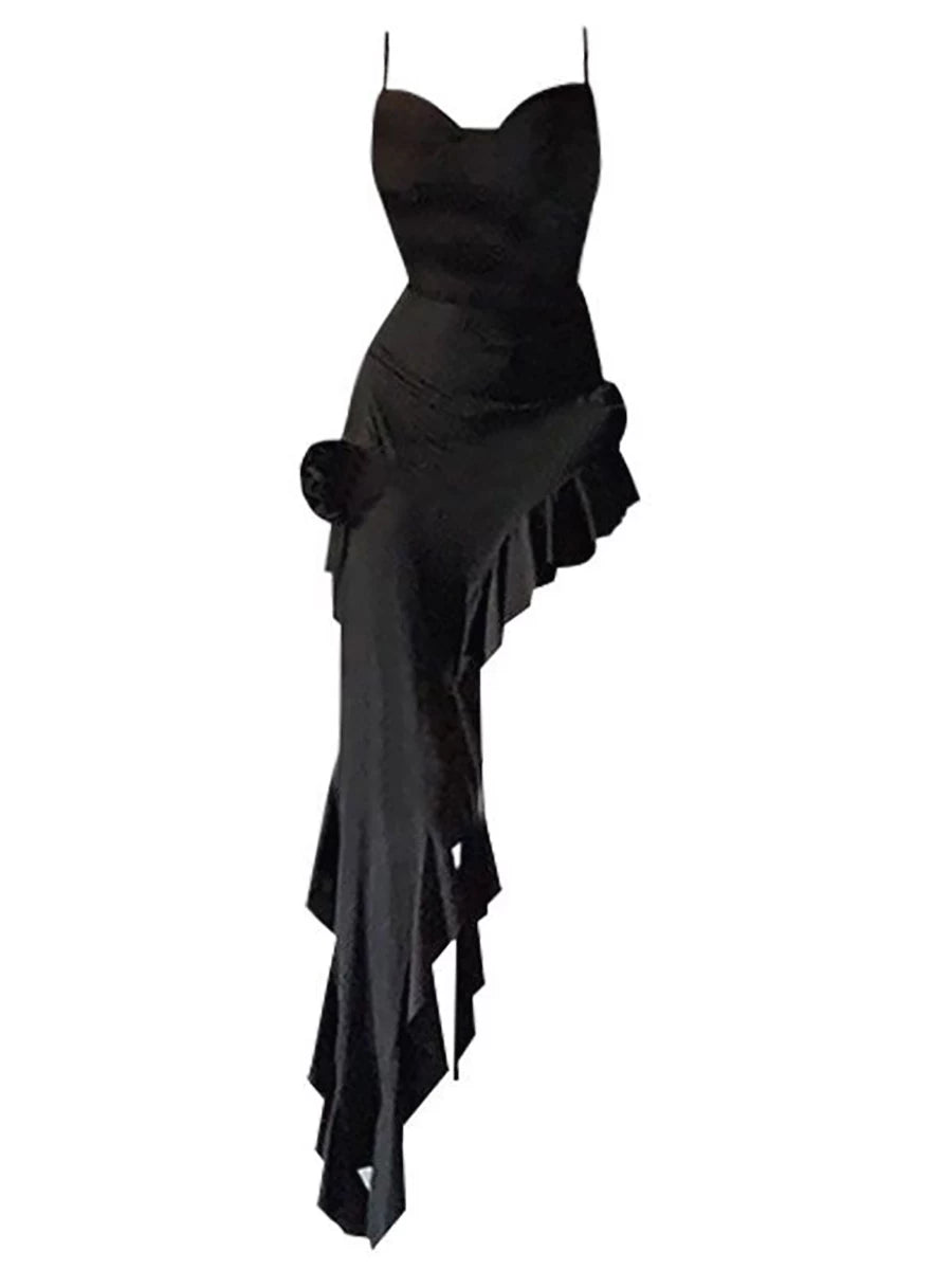 Black Rose Ruffle Spaghetti Strap Dress - French Asymmetric Maxi (S-XL)