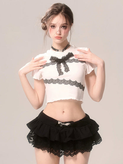 スリムレースTシャツ フリル ショートリボン