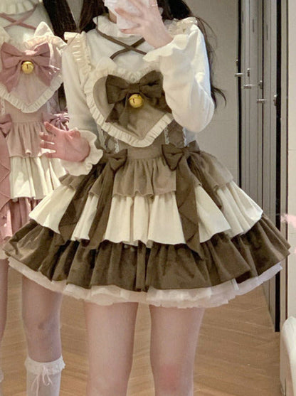 サスペンダードレスセット 耳付きベルベットテールヘアバンド フリル ふわふわ猫ハート