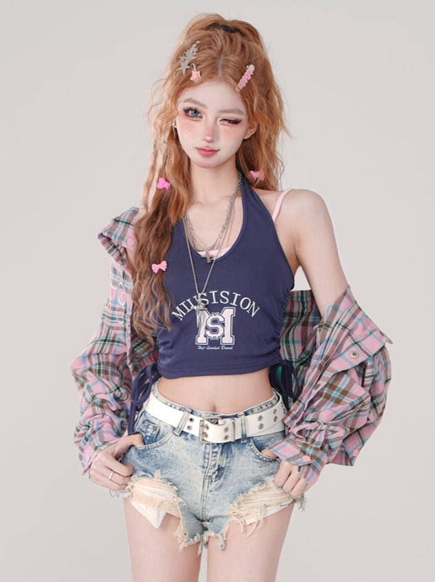 Poloshirt mit Karo-Kragen und langem, abnehmbarem, lockerem