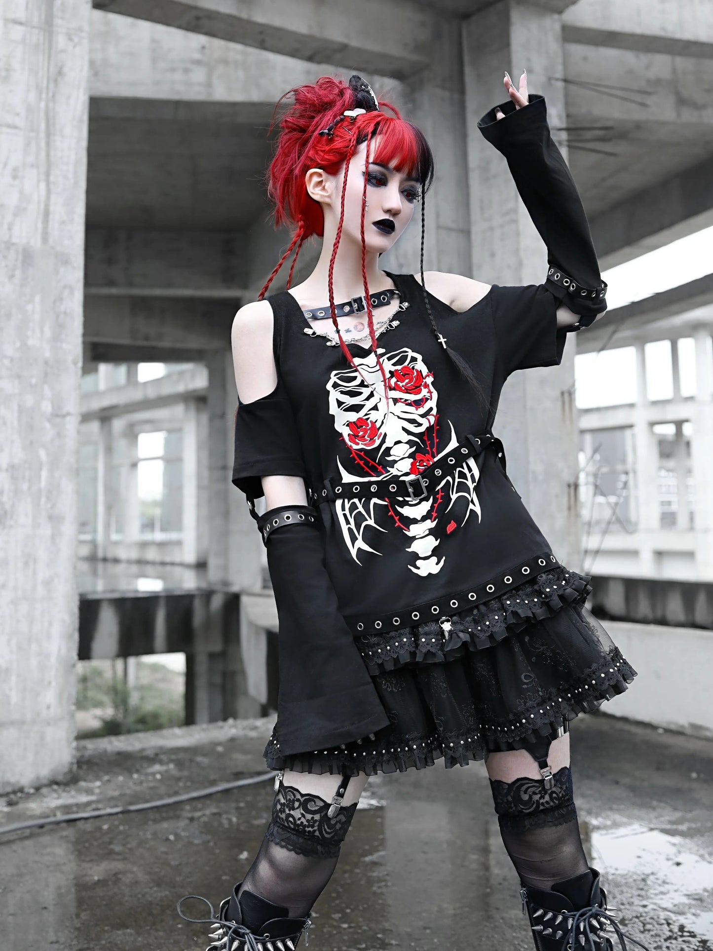 メタルバックルケーキレザーリベットレイヤーパンクスカート