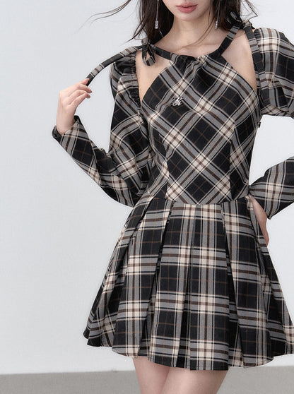 Line Ribbon Suspender Dress French Check