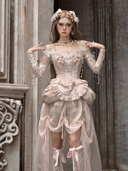 コートストラップレースバレエカーディガントップスクロシェスリーブインナーオフショルダー