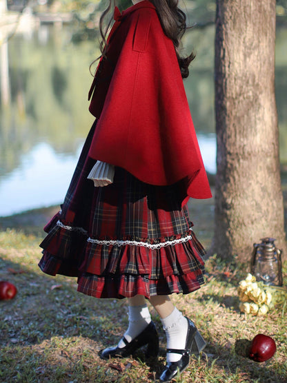ドレス リボンカラー フード ヘッドライディング レッド リトル + スカーフ ティアード プリーツ ケープ コート チェックシャツ