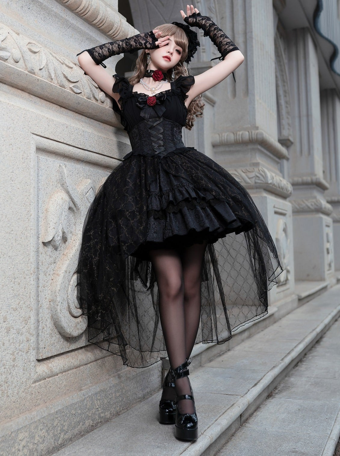 Rose Dress Black Flared Gothic Lolita