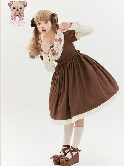 ロリータテディベアフラップレースパフスリーブリボンデレス