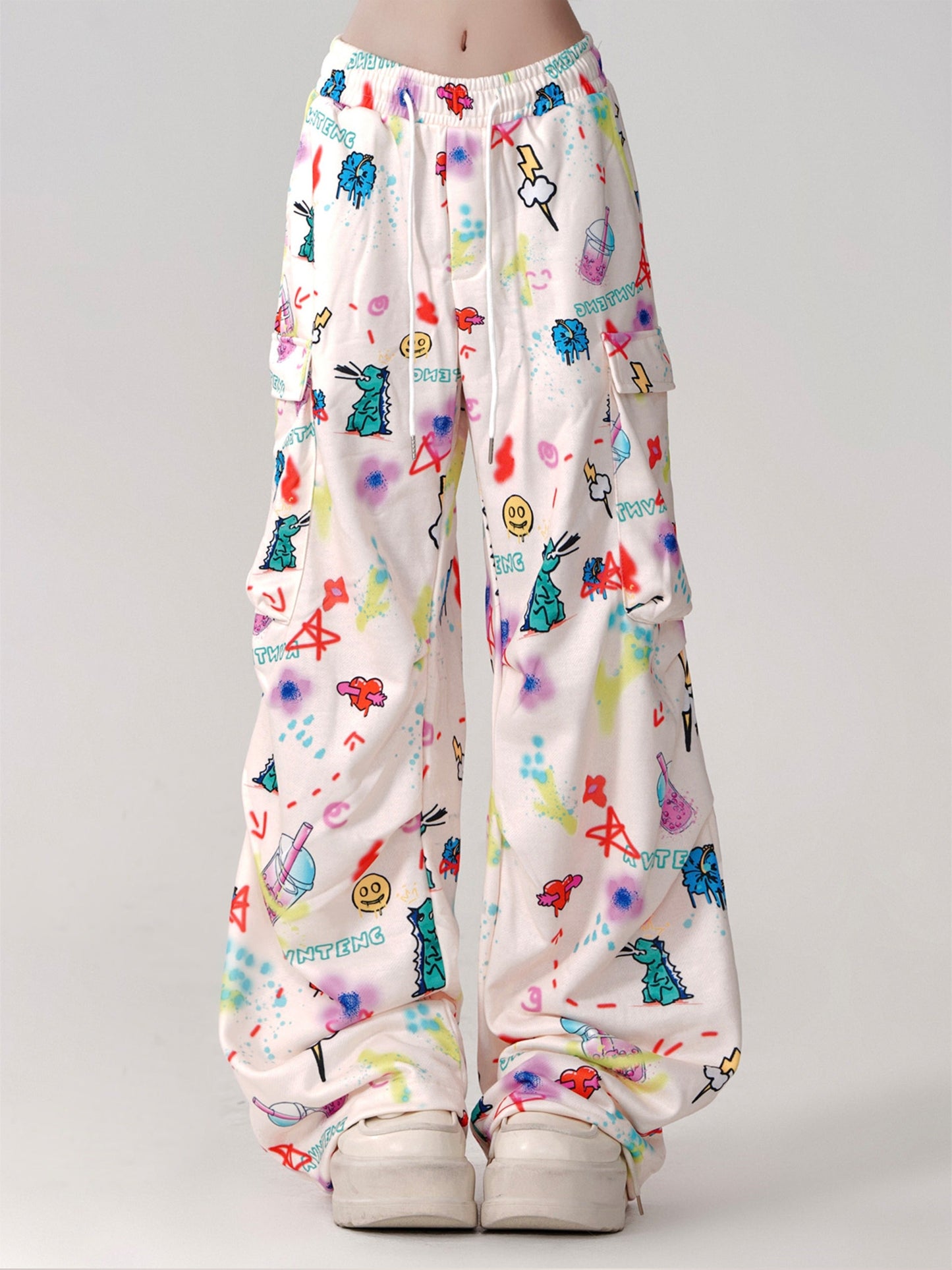 Side Cartoon Street Pants Loose Wide Pocket