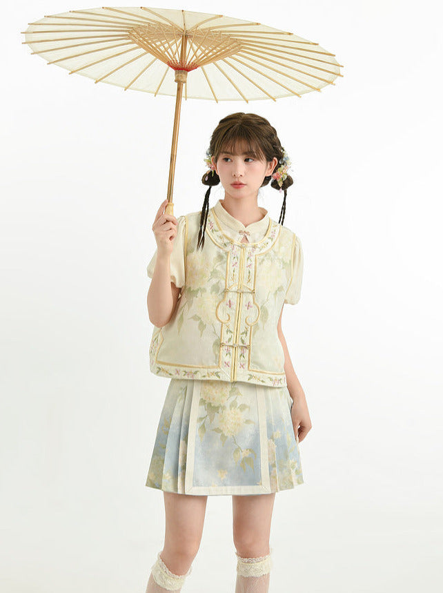 Chinese Shirt + Skirt + Jacquard Sleeve Vest Puff