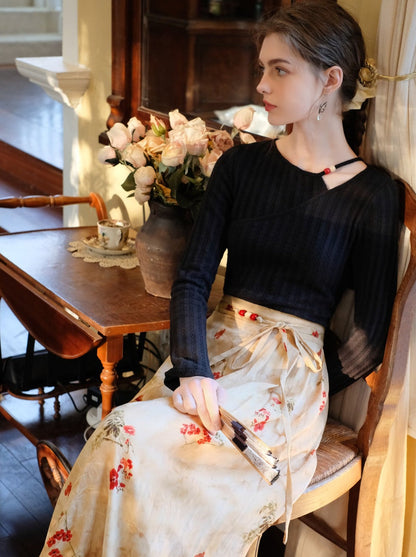 Blumenoberteil, langer asymmetrischer Schlitzrock