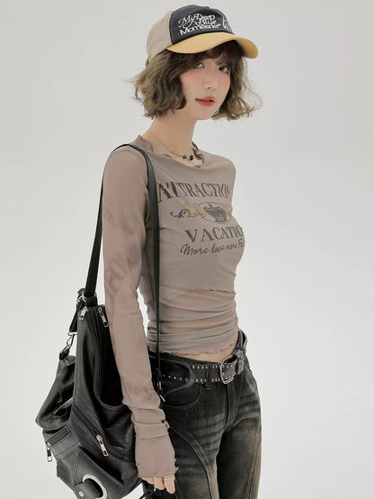 T Lang Retro Print Sheer Rüschen American