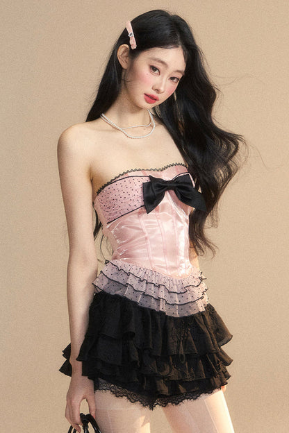 リボンレースリザーブメッシュチューブドットトップ