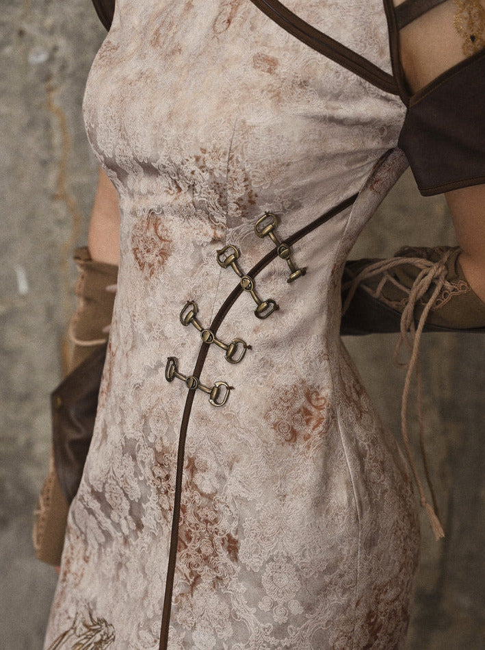 スリット入りストラップレス刺繍パンクチャイナレトロドレスドラゴン