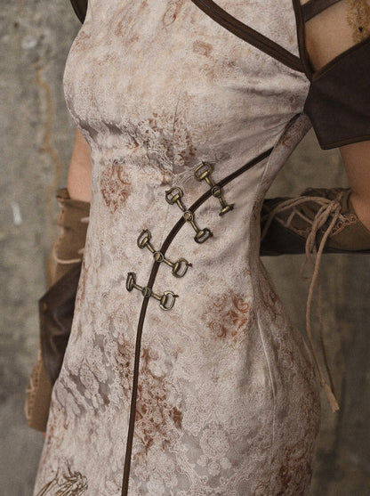 スリット入りストラップレス刺繍パンクチャイナレトロドレスドラゴン