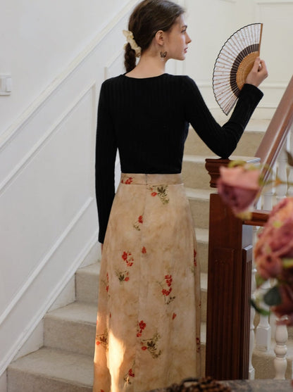 Blumenoberteil, langer asymmetrischer Schlitzrock