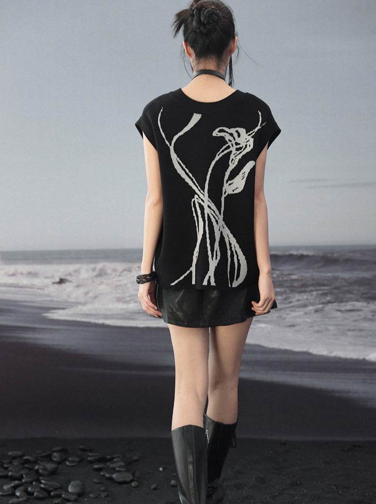 Knit Vest Flower Loose Contrast