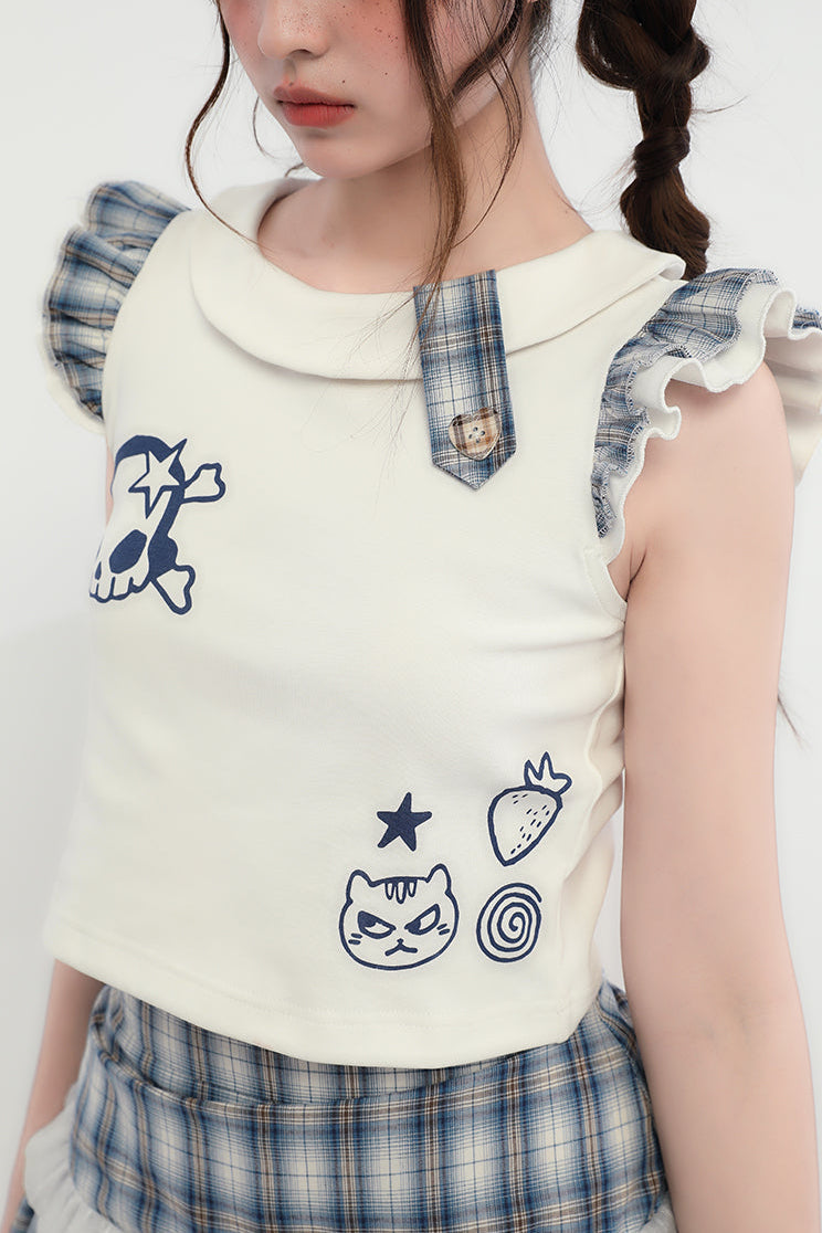 Karierter + ärmelloser Minirock Cat Top Skull