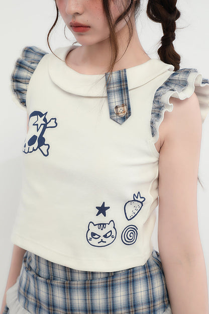 Karierter + ärmelloser Minirock Cat Top Skull