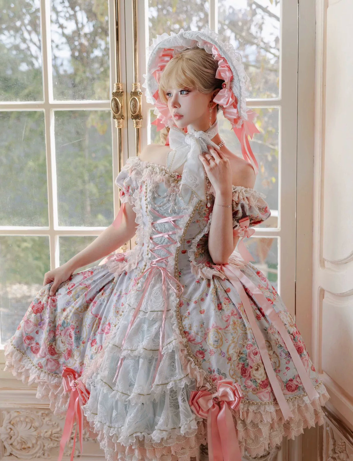 Lily Rose OP dress in blue and pink, styled front view