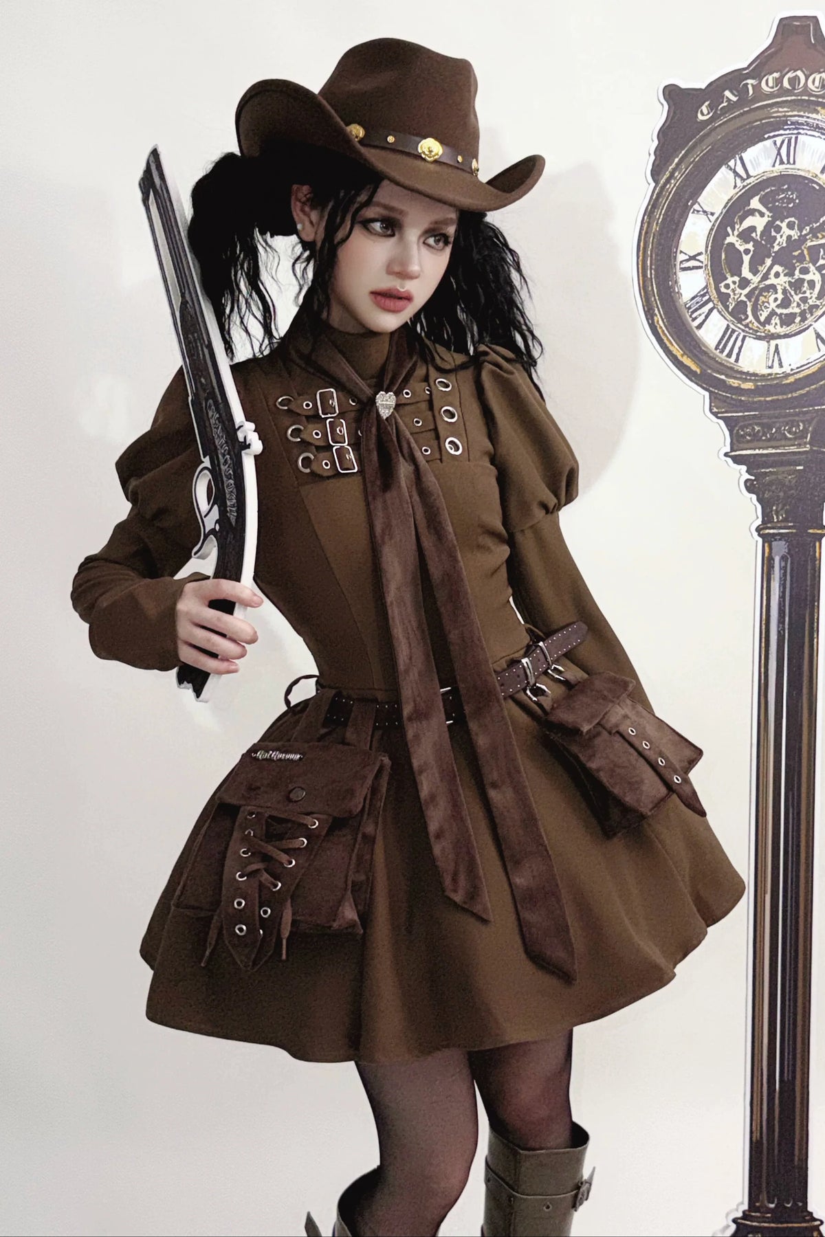 Steampunk Brown x Gothic Black Mode Buckle High Collar Puff Sleeve Doll Dress