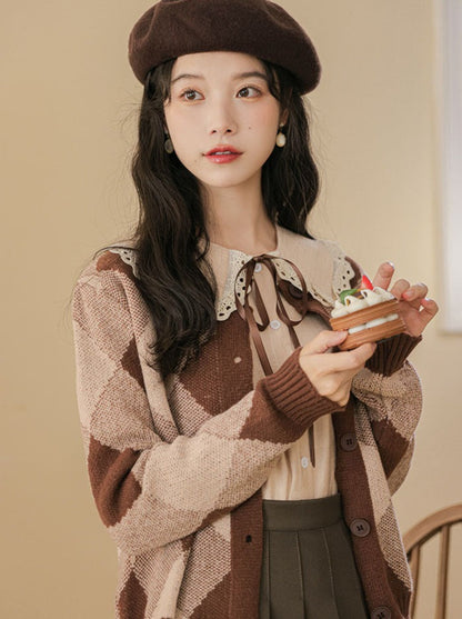 Argyle Rock Plissee Strick Braun Cardigan Retro