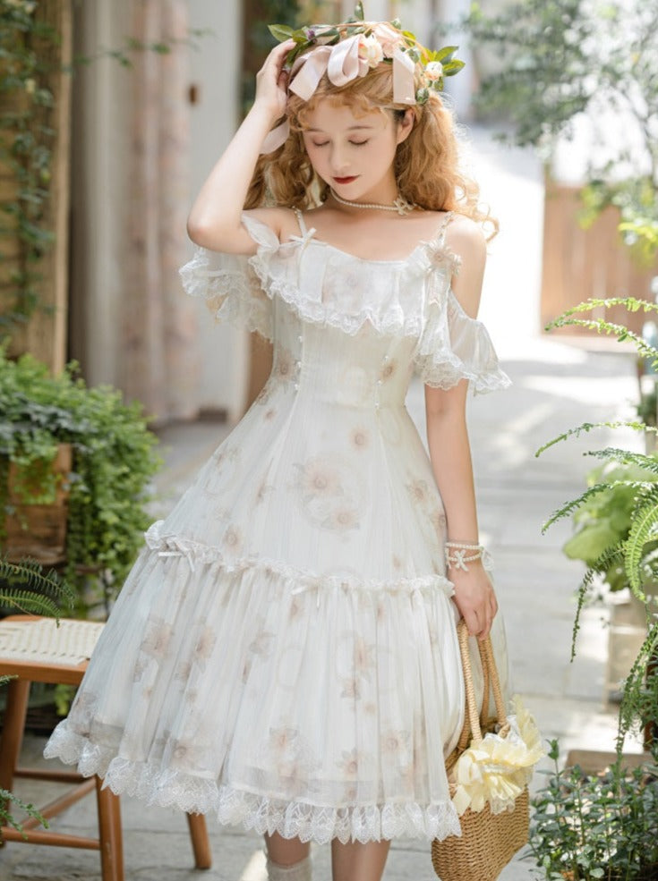 Robe d'été Lolita en mousseline de soie à fleurs blanc pur