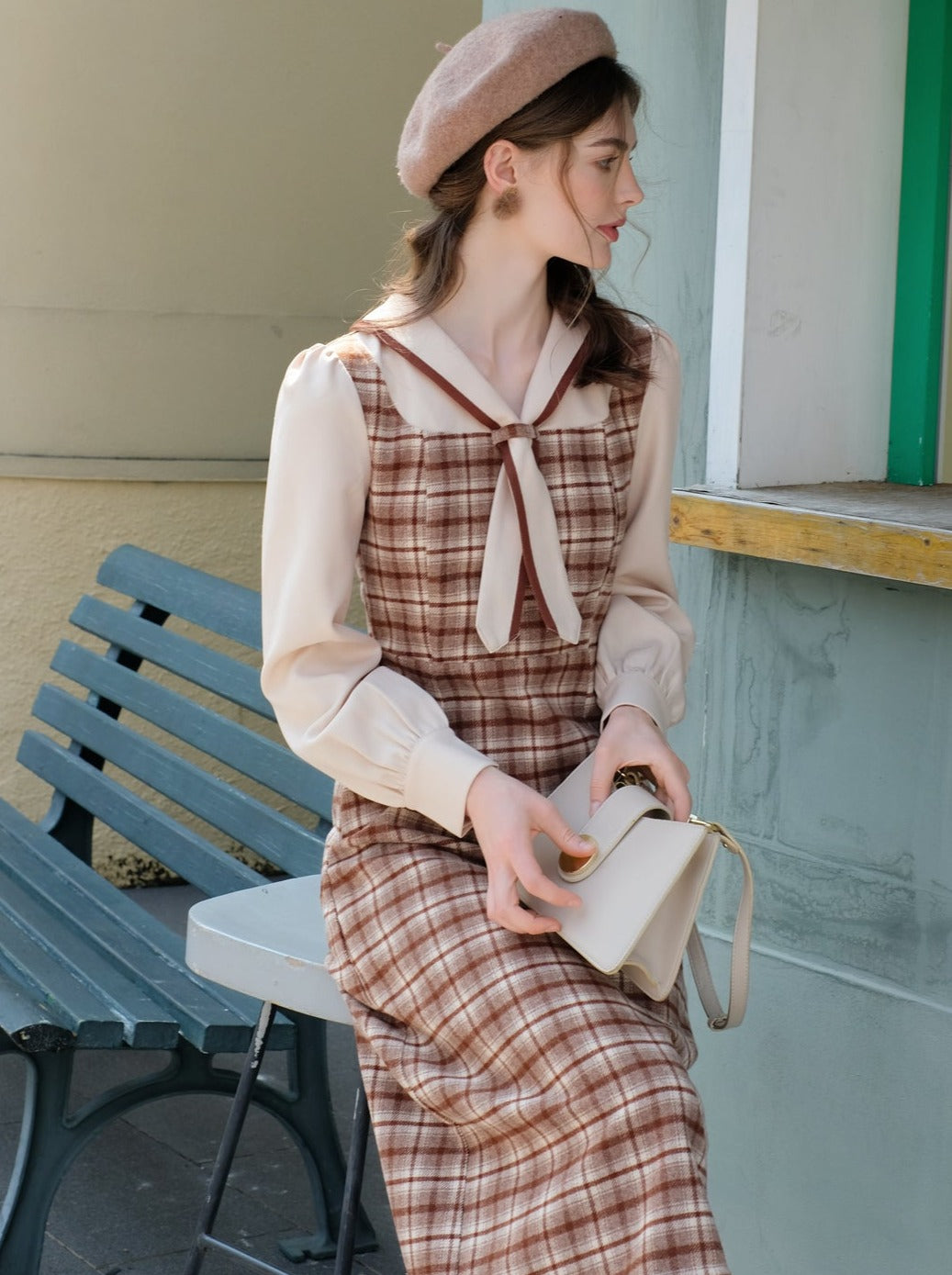 フレンチレトロピースクイーンドレスウールレトロツーフェイクマイラードフェイクチェック