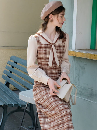 フレンチレトロピースクイーンドレスウールレトロツーフェイクマイラードフェイクチェック