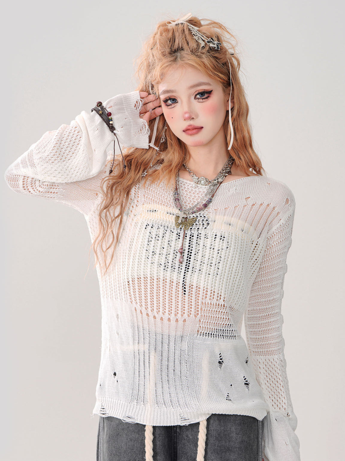 サマーニット + チューブトップ 透かし彫り シアー リップド