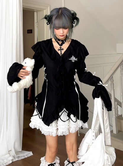 ウエストサブカルチャーパフシャツダークパターンリボンスリーブレース