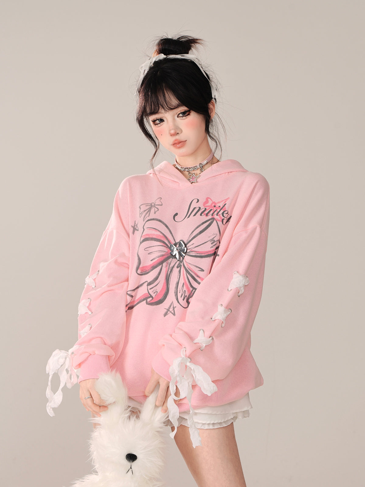 Lockerer Parka mit Kapuze und Schnürung im Armband-Design mit Hasenmotiv