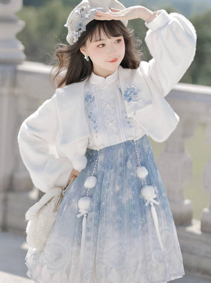 ドレス ショート ブルー チャイニーズファーコート アイス