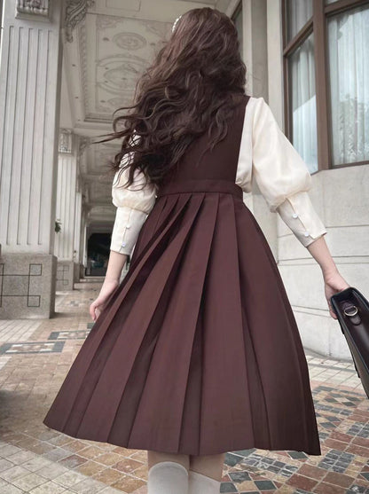 Chiffon Skirt Style Ribbon Inner Accessories V-Neck Cream Shirt College Vest