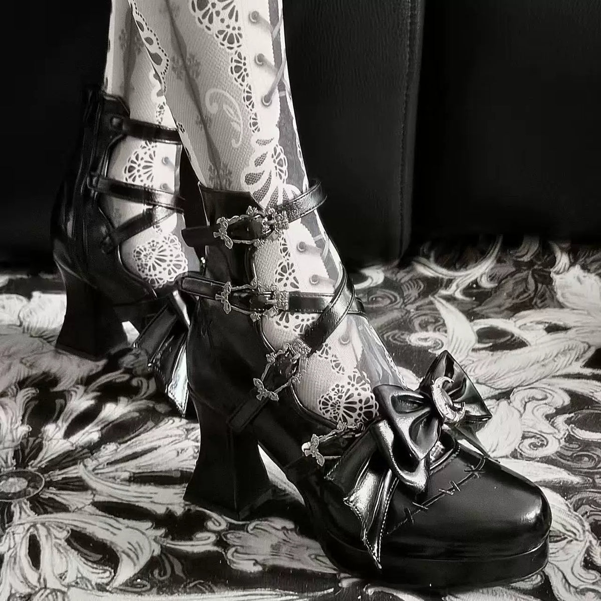 Glossy Black Moonlit Coffin shoes showing chunky heels and platform by Sphenoid