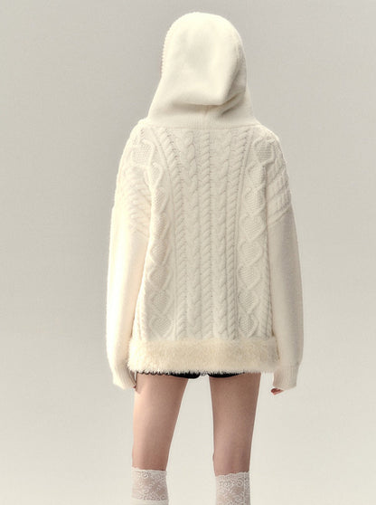 Kapuzenpullover mit Zopfmuster und Reißverschluss