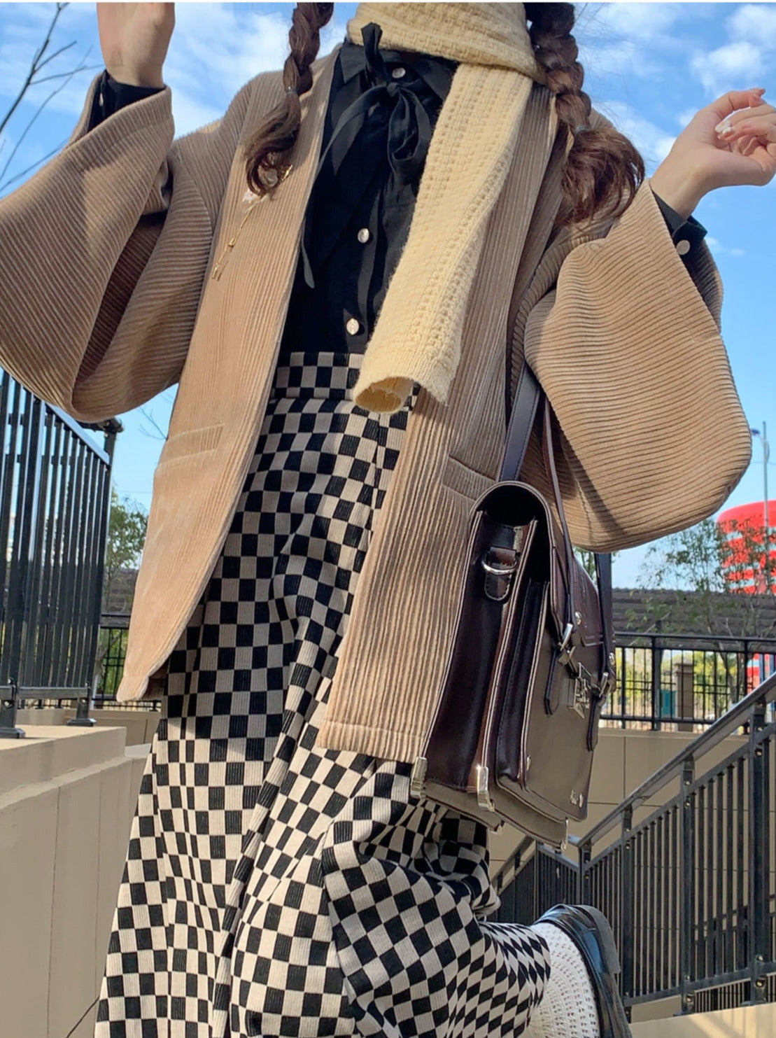 Chiffon Jacket Skirt Retro + Ribbon Checkered Dark Feather Skirt Shirt + Note Showa Brooch Cherry Gray