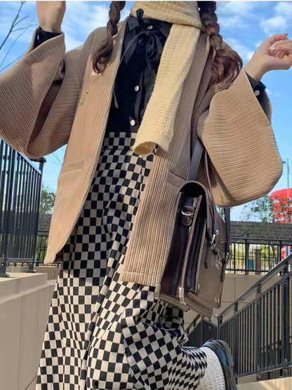 Chiffon Jacket Skirt Retro + Ribbon Checkered Dark Feather Skirt Shirt + Note Showa Brooch Cherry Gray