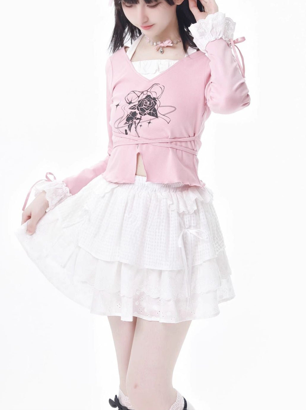 レーストップ、ホワイト、ガーリーフラワースカートセットデザイン、ピンク