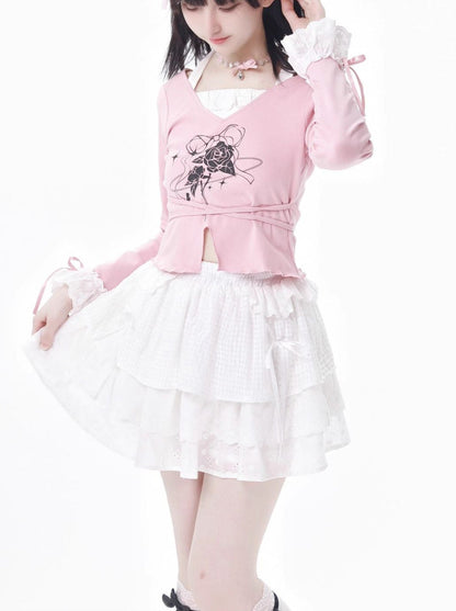 レーストップ、ホワイト、ガーリーフラワースカートセットデザイン、ピンク