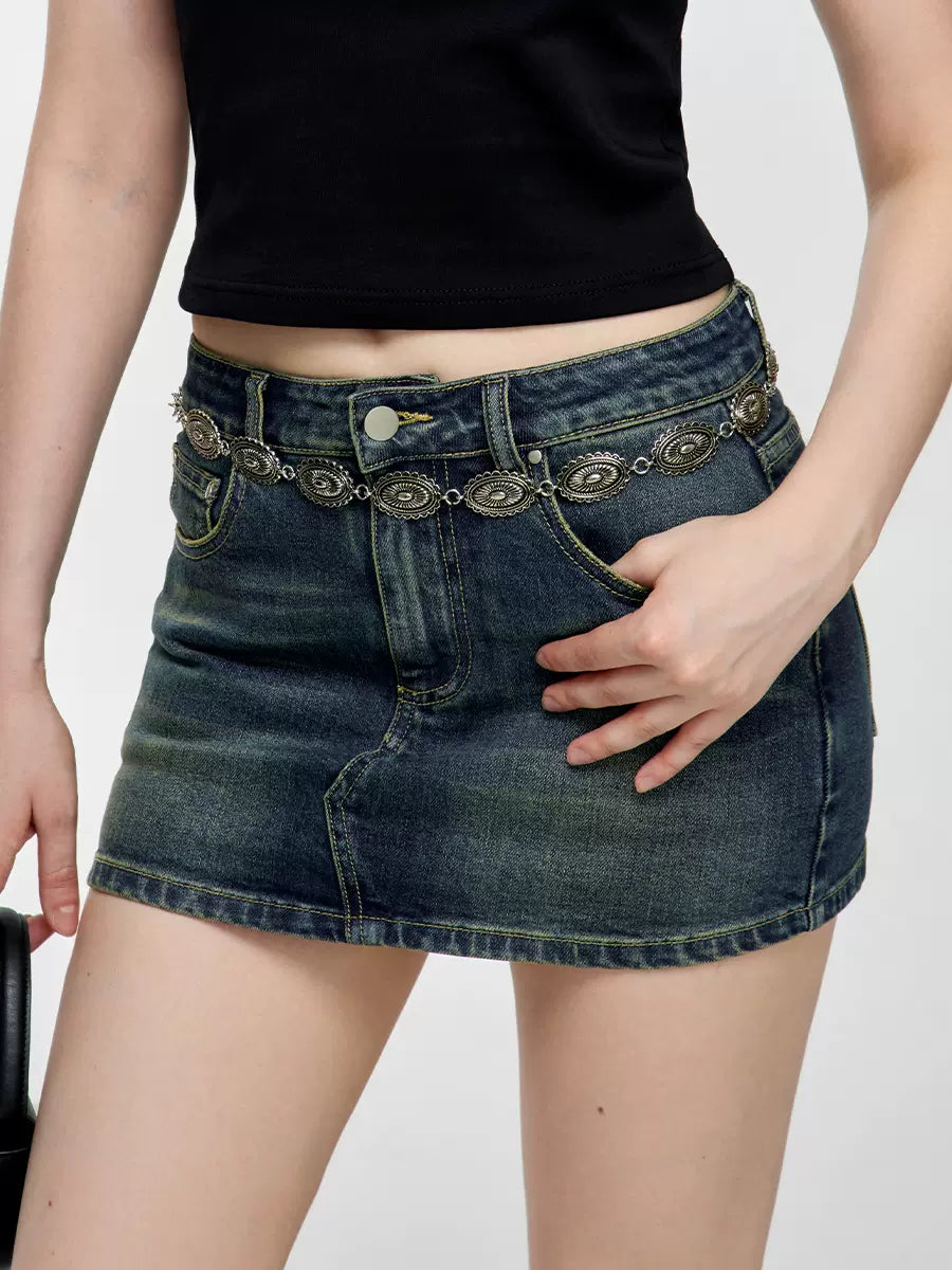 デニムデザインタイトショートロゴスカート