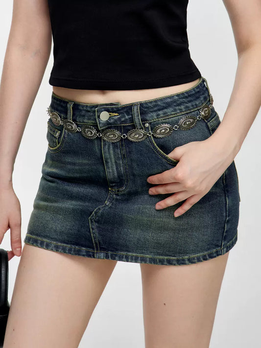 デニムデザインタイトショートロゴスカート