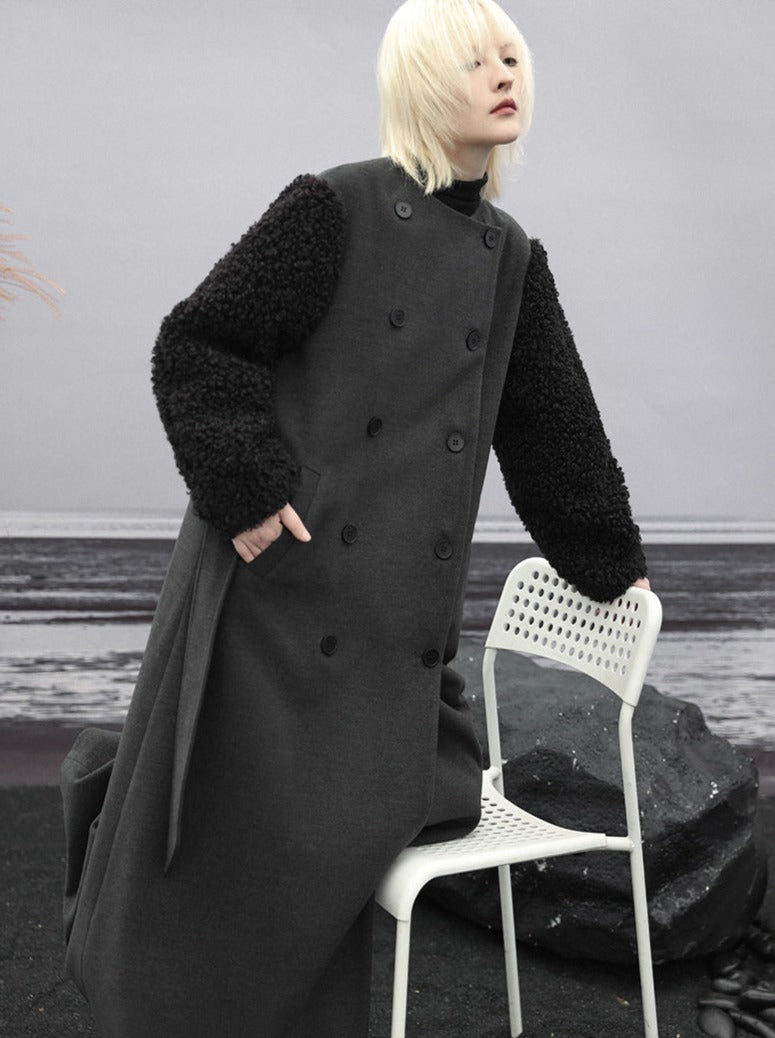 Wool Long Splice Coat Dark Mode