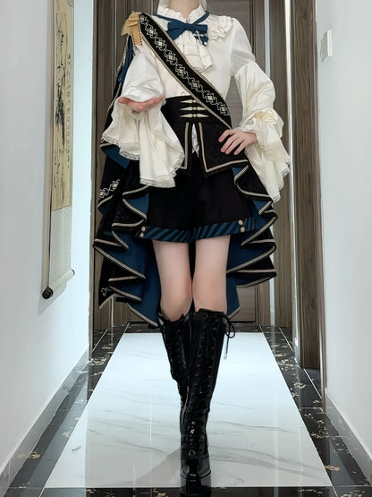 Navy Blue Crusader Cross Ouji knight outfit with ivory shirt and high-low train