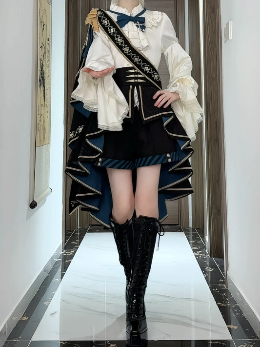 Navy Blue Crusader Cross Ouji knight outfit with ivory shirt and high-low train