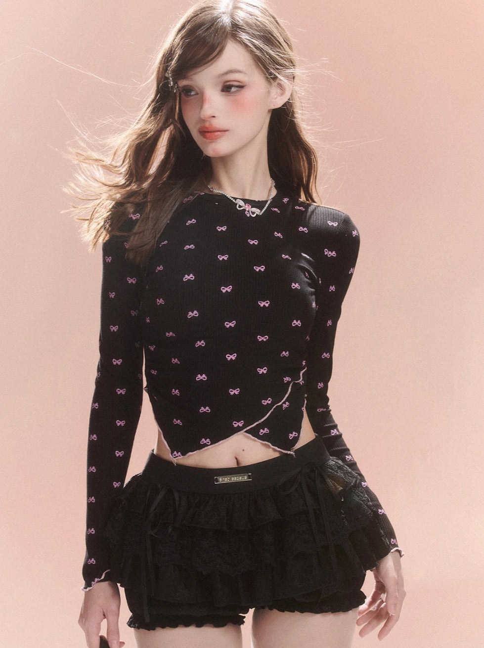 レースアップリボンスリムバッグトップ