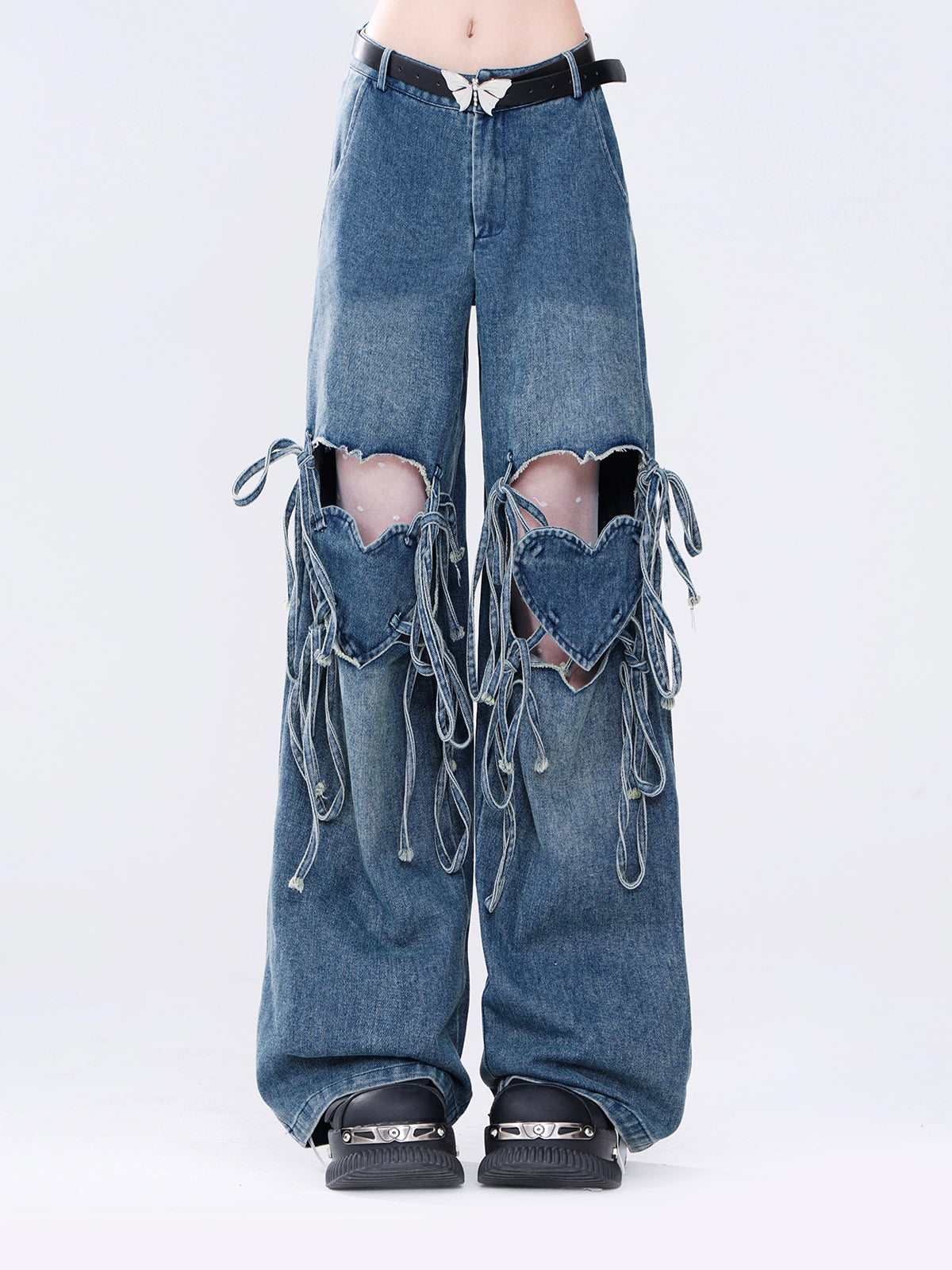 Hot Ripped Denim Rolled Loose Love Stripe